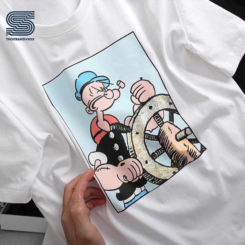 Áo thun nam nữ basic, áo phông unisex tay lỡ cổ tròn in hình popeye, năng động Sonvnxk - APZR201