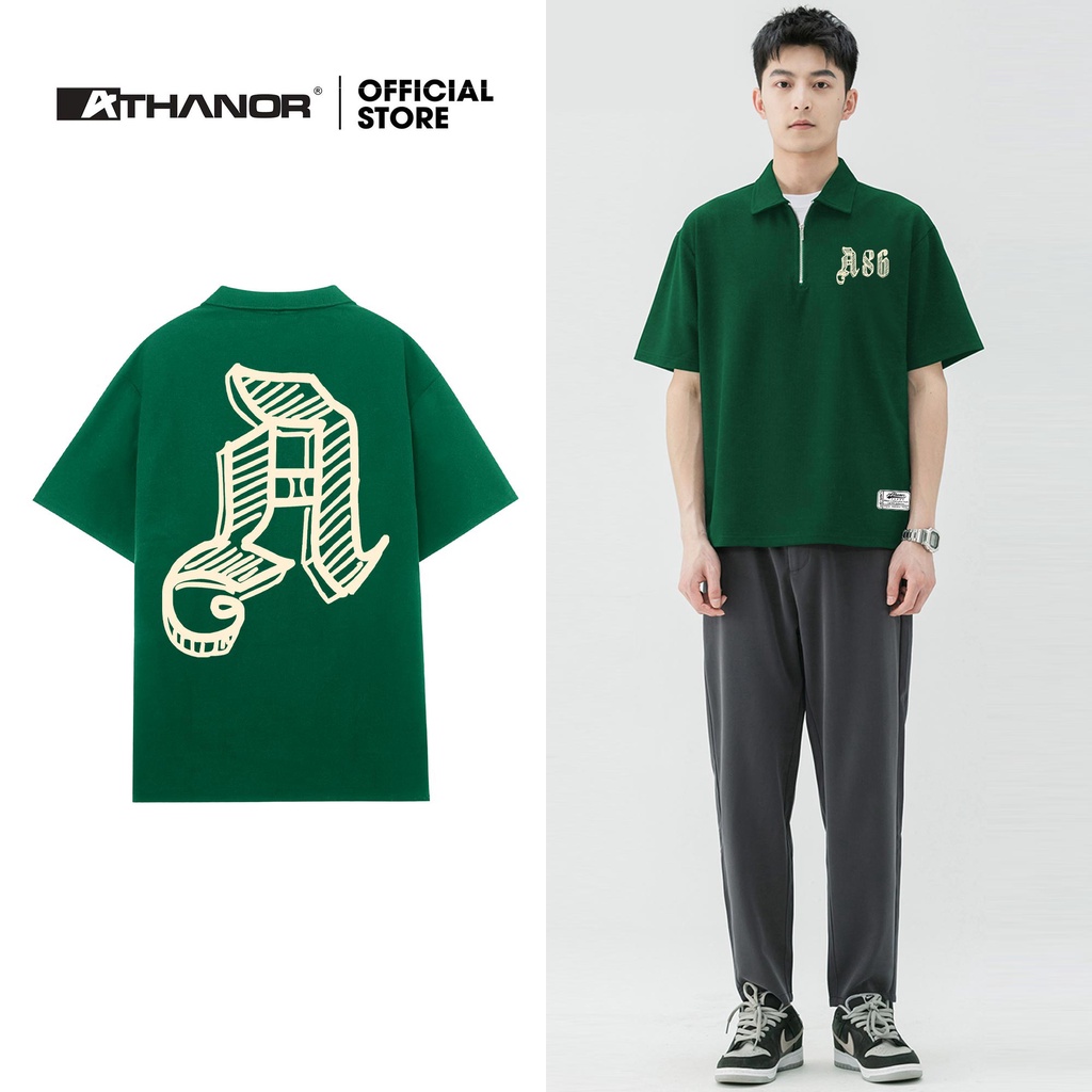 Áo polo form rộng ATHANOR khóa zipper màu xanh lá mẫu A86