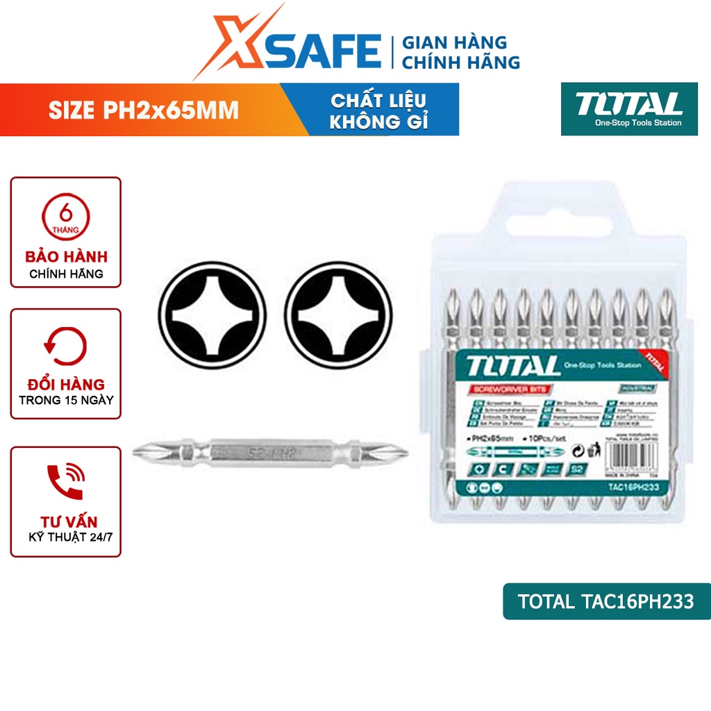 Bộ mũi vít 10 chi tiết TOTAL TAC16PH233 vĩ nhựa PH2, hai mũi nhọn, 65mm - 10 cái/bộ - chính hãng