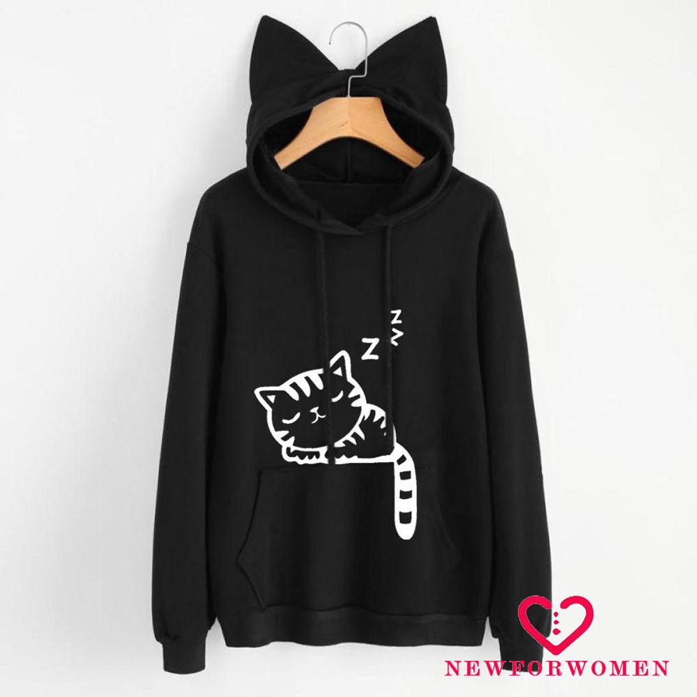 Áo hoodie tay dài thiết kế mũ tai mèo đáng yêu dành cho nữ