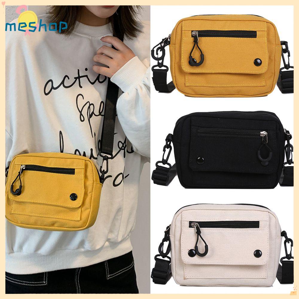 Túi Đeo Vai Vải Canvas Đựng Điện Thoại Màu Trơn Có Khóa Kéo Thời Trang Cho Nam Và Nữ