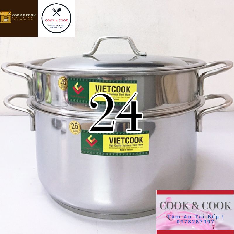 Bộ xửng hấp inox size 24 Vietcook (nồi 5 lít) đáy từ, Chõ hấp, đồ xôi inox