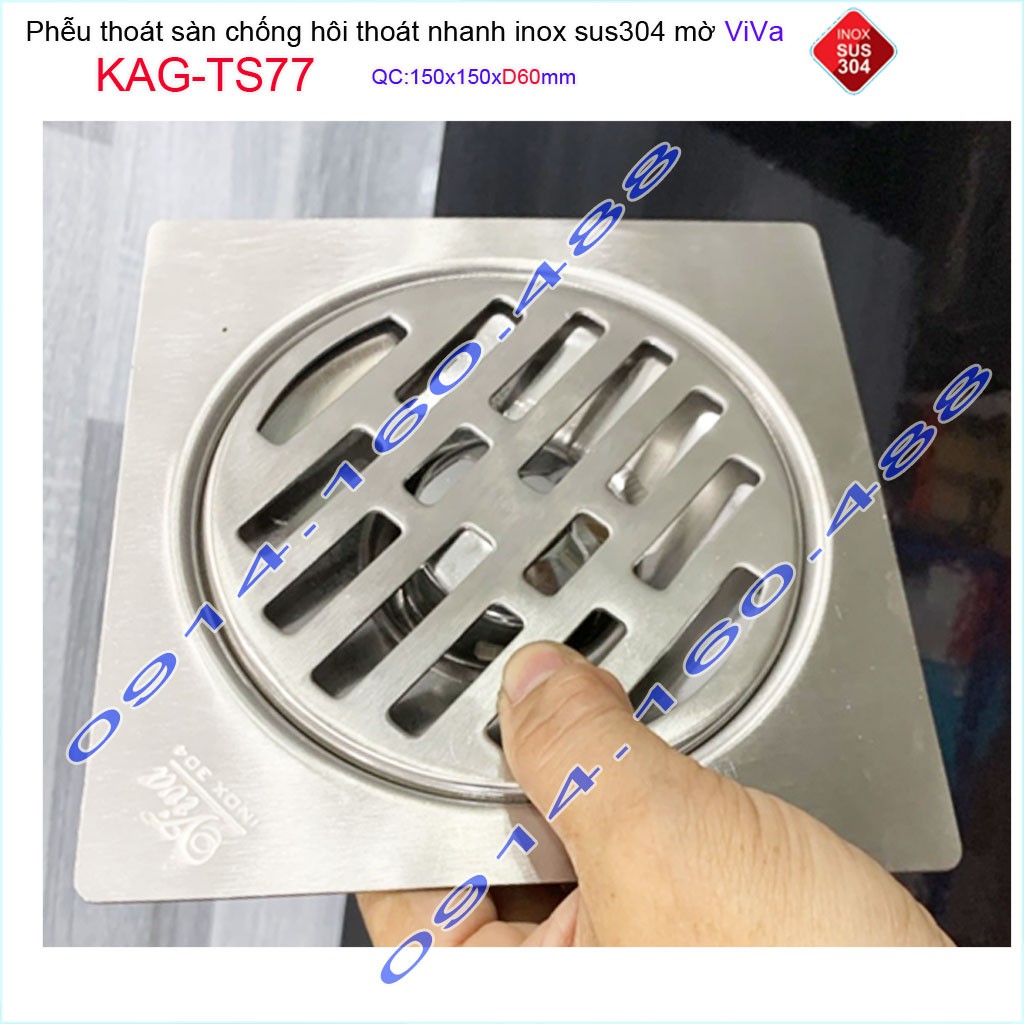 Phễu thoát sàn Viva KAG-TS77 15x15cm D60, phễu thoát sàn SUS304 đúc liền khối sales 40%, hố ga chống hôi inox 304 dày