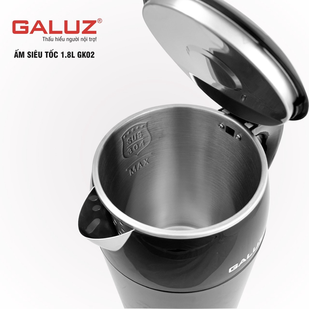 [ Siêu rẻ] Ấm đun nước siêu tốc Galuz GK-02, dung tích 1.8L, công suất 1500w, thân ấm bằng inox 304 cách nhiệt BH 1 năm