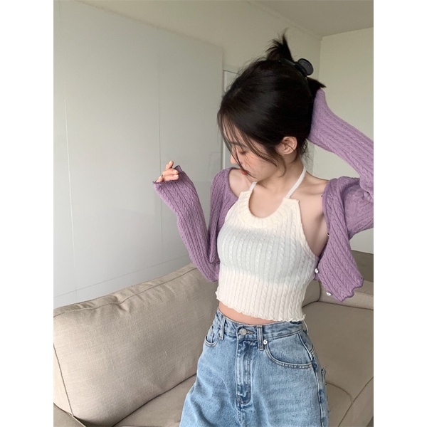 Áo 2 dây dệt kim cổ yếm + áo khoác ngoài cardigan tay dài