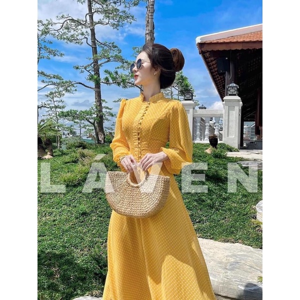 Đầm Váy Maxi Chấm Bi Tay Dài Phối Nút Cài Duyên Dáng Hàng Cao Cấp