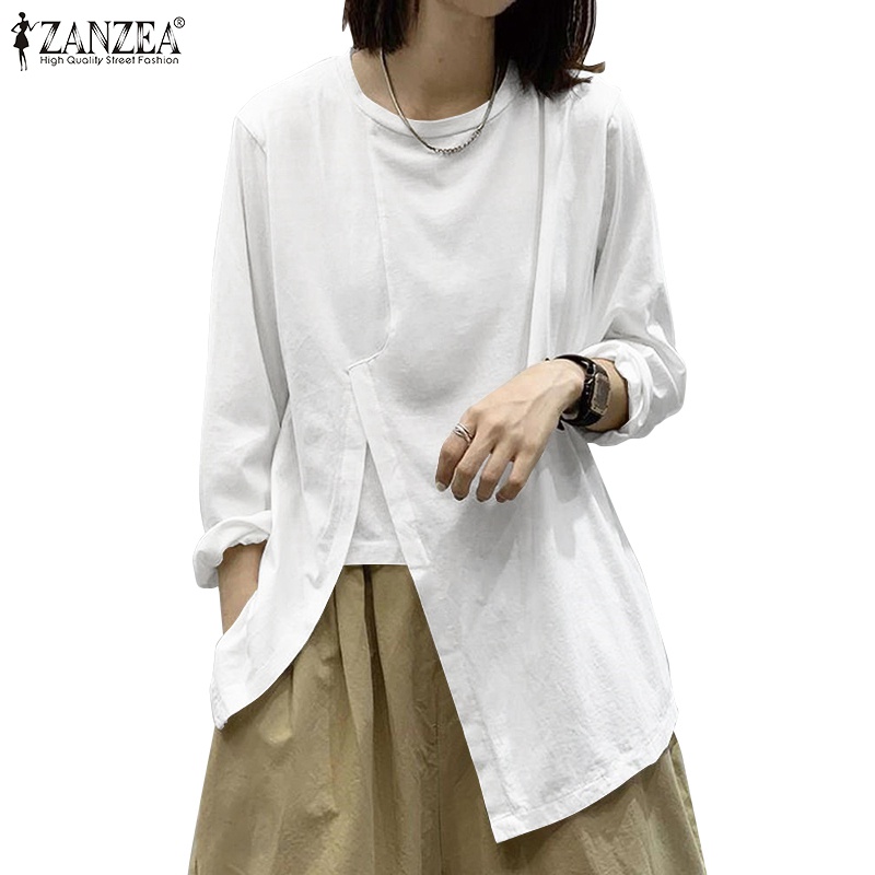 Áo thun Zanzea cổ tròn xẻ tà dài tay thời trang Hàn Quốc cho nữ