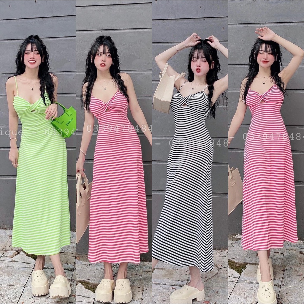 Đầm 2 dây sọc ngang xoắn ngực dáng dài xòe nhẹ cực hot , chất thun gân dày dặn thy