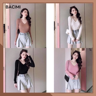 Set 4 áo thun giấy cổ tim vải đẹp xuất dư, áo giấy tay dài dệt phong cách hàn quốc bacimi
