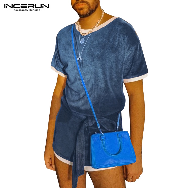 INCERUN Set Áo Thun Ngắn Tay Cổ Tròn Và Quần Short Thời Trang Mùa Hè Cho Nam