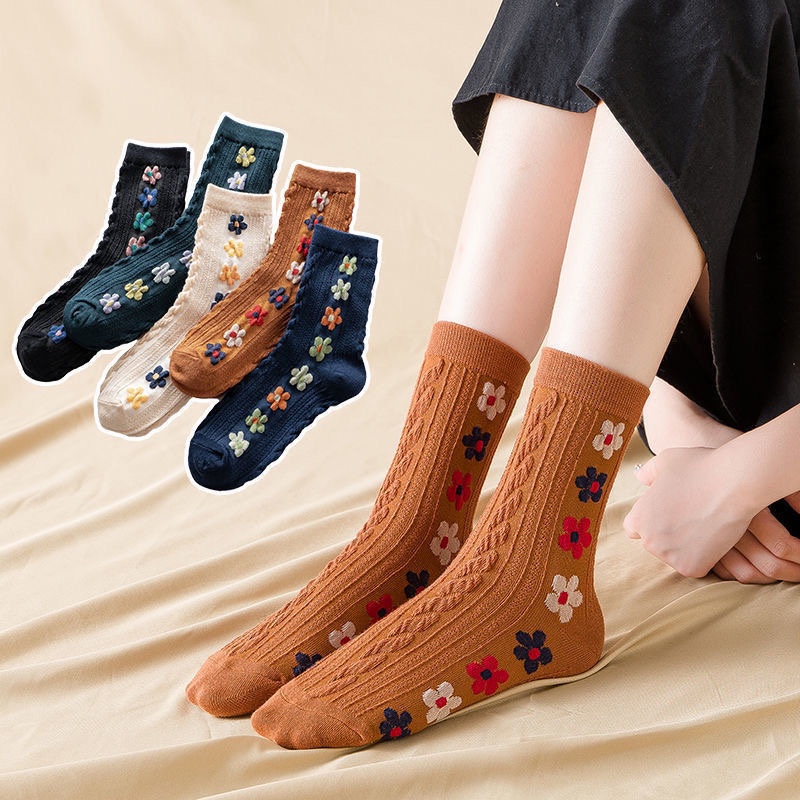 TIAN TIAN T133 Vớ  nữ cổ cao Tất Cotton Cổ Vừa In Họa Tiết Hoa Nhiều Màu Sắc Phong Cách Hàn Quốc  Thời Trang Thu Đông Dễ Thương
