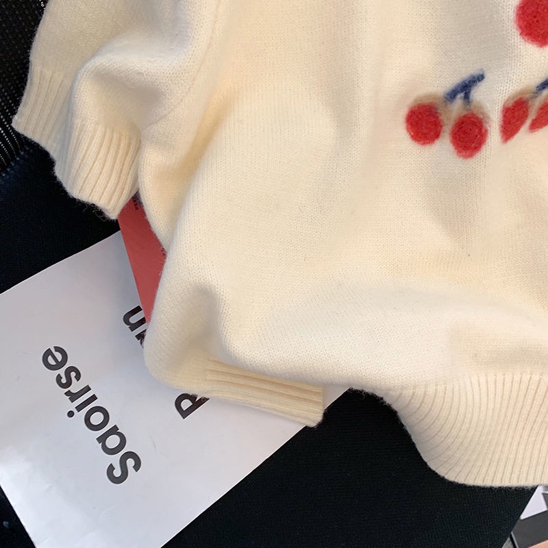 Áo sweater Pure Cube ngắn tay in hình quả anh đào phong cách mùa xuân dành cho nữ