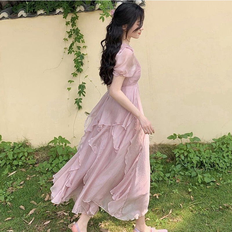 Đầm Tay Ngắn Chiết Eo Kiểu Dáng Ngọt Ngào Thời Trang