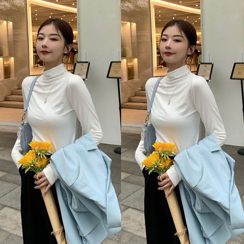 Áo Thun Tay Dài Cổ Lọ Màu Trắng Đen Thời Trang Mùa Đông 2022 Cho Nữ