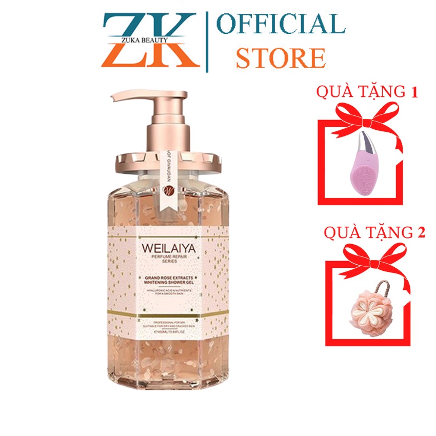 Sữa tắm Weilaiya cánh hoa hồng dưỡng trắng da Damask Weilaiya Grand Rose Extracts Whitening Shower Gel 450ml Zuka Beauty