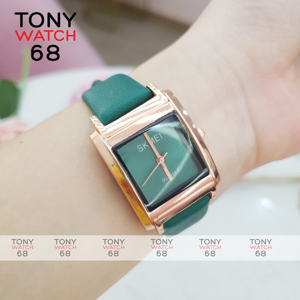 Đồng hồ nữ SKMEI dây da mặt vuông vền vàng chính hãng Tony Watch 68