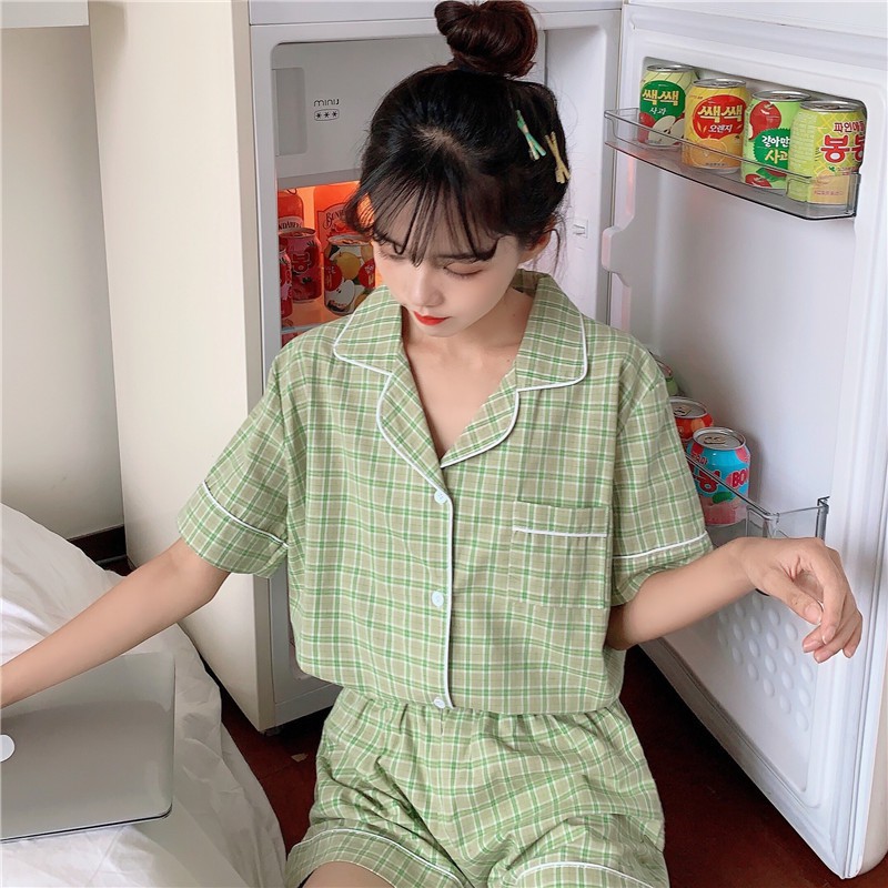 Bộ Đồ Ngủ Pyjama Kẻ Caro Xanh Lá Ulzzang Cute Form Rộng - Pijama Hè Bộ Mặc Nhà Ngắn Tay Hot Trend - Daube - S003
