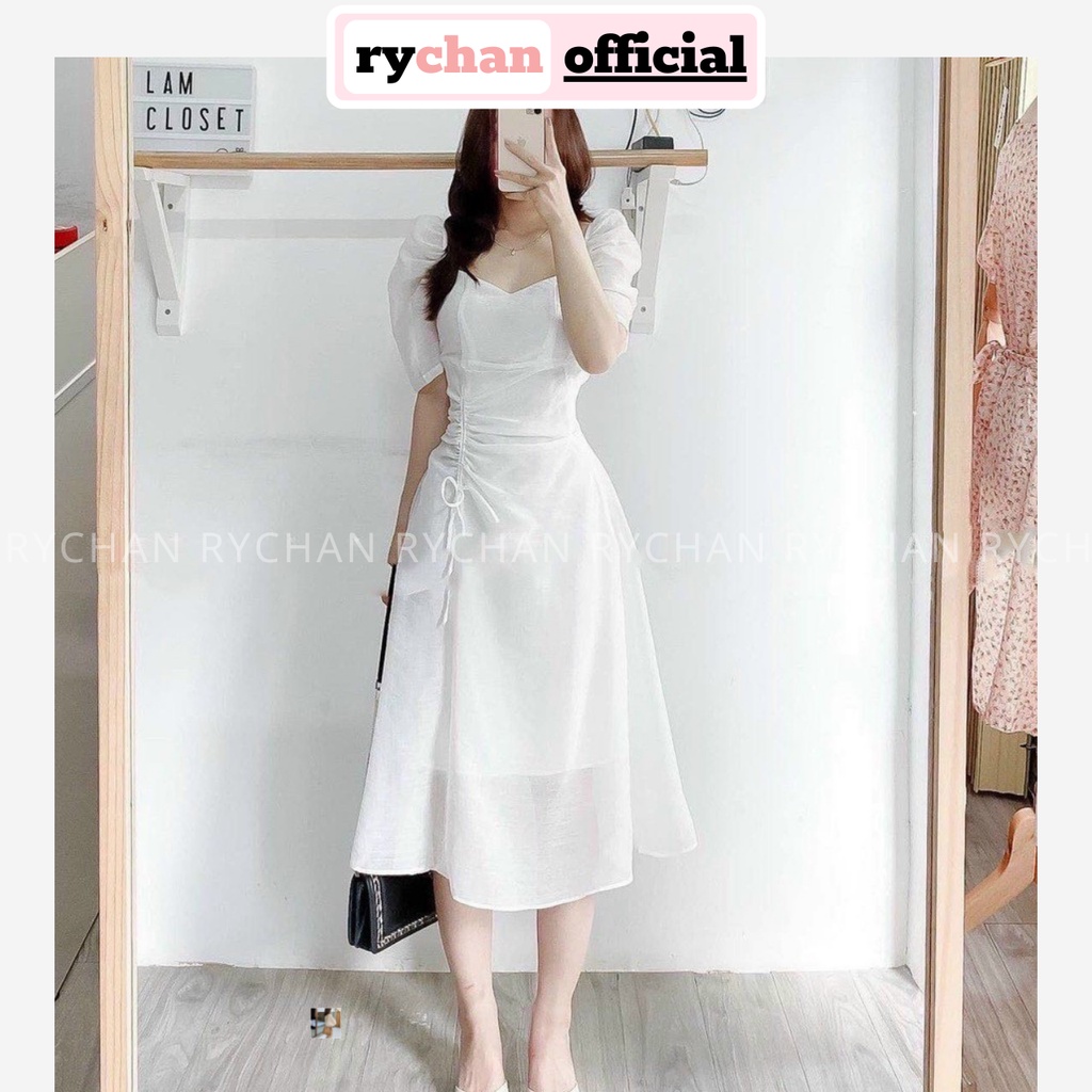 Đầm Xòe Midi Tay Phồng Rút Sườn 2 Màu Trắng Đỏ Sang Trọng [Ảnh Thật Cuối] - DX0071