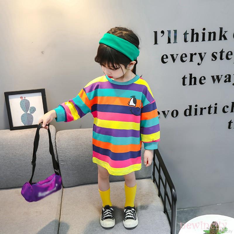 Đầm dài tay kẻ sọc phối họa tiết đôi mắt phong cách Hàn Quốc cho bé