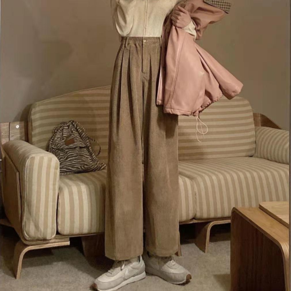 SUXI Quần Nhung Dài Ống Rộng Lưng Cao Kiểu Hàn Quốc Cá Tính