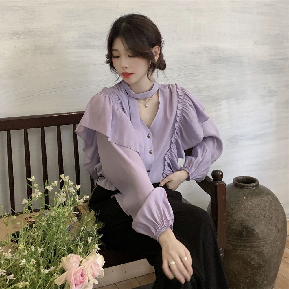 Ethelgirl Áo Sơ Mi Nữ Tay Dài Cổ Chữ v Dáng Rộng Thời Trang