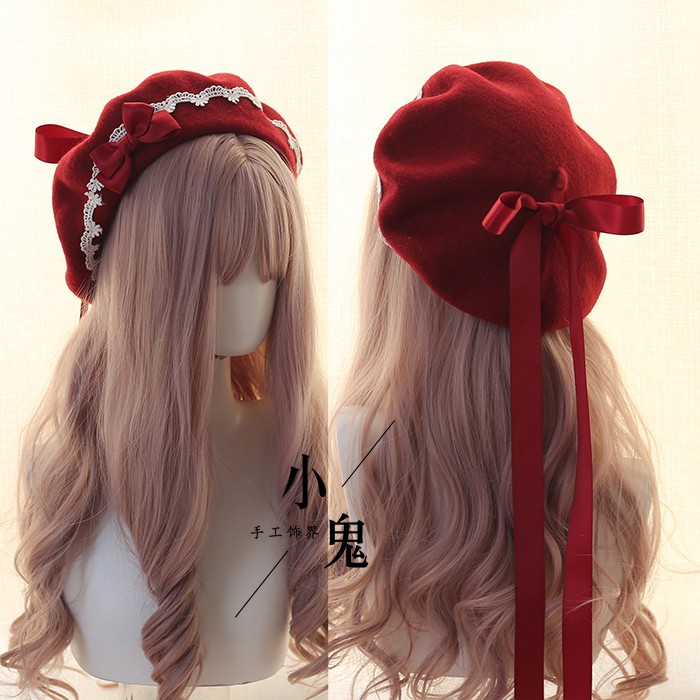 Mũ Nồi Len Phối Ren Đính Nơ Thủ Công Kiểu lolita Nhật Bản Thời Trang Thu Đông Ấm Áp Cho Nữ