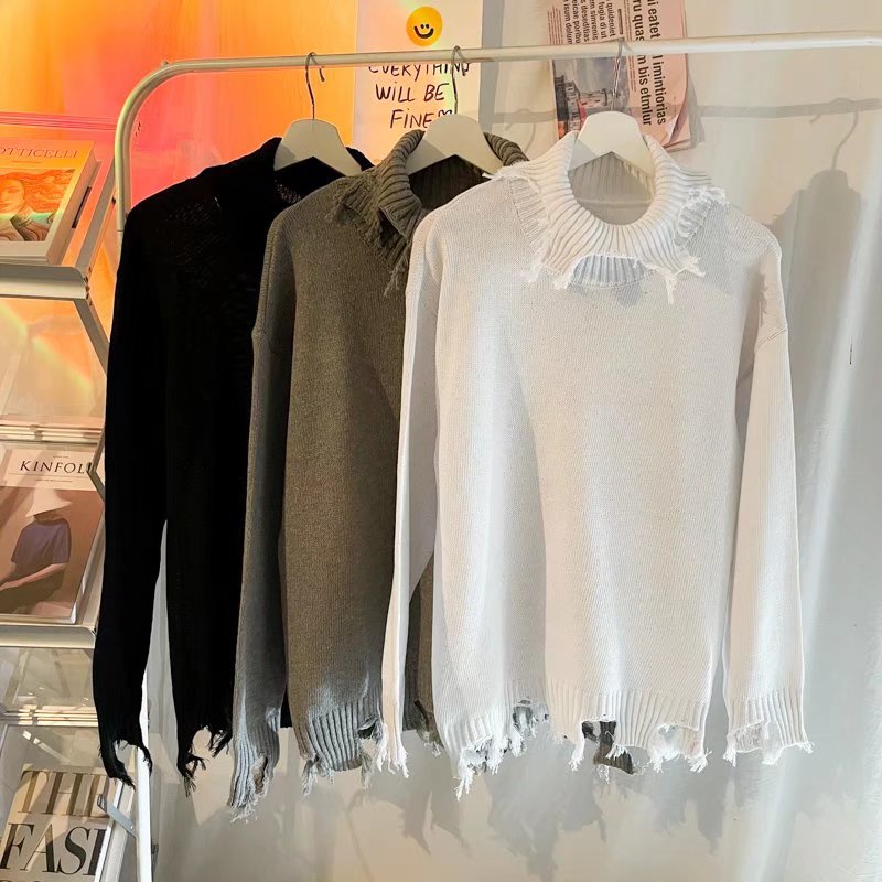 Áo sweater Dệt Kim Tay Dài Dáng Rộng Cổ Tròn Rách Gối Phong Cách Hàn Quốc Thời Trang Cho Nam Và Nữ