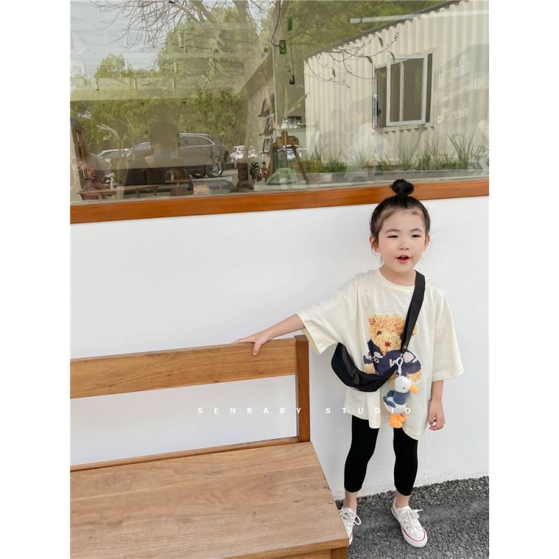 Áo Thun Tay Lửng Dáng Rộng In Hình Gấu Dễ Thương Phong Cách Hàn Quốc Thời Trang Mùa Hè Cho Bé Gái