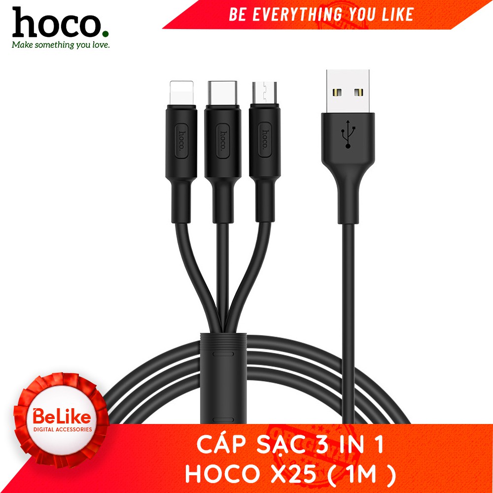 Cáp sạc 3 đầu chính hãng -Hoco X25 - BH 12 tháng