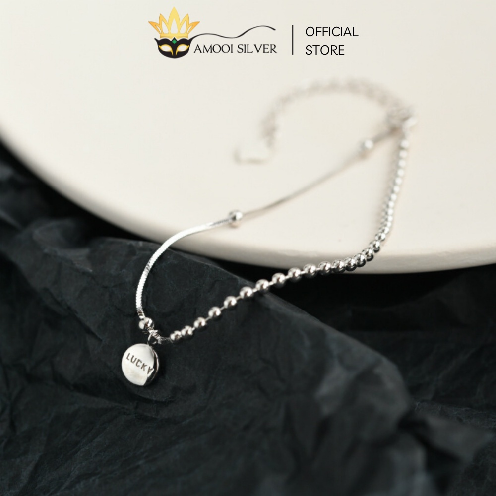 Lắc Tay Bạc S925 2 Loại Dây Bi Và Dây Charm Tròn Khắc Chữ Lucky - Amooi Silver AT53
