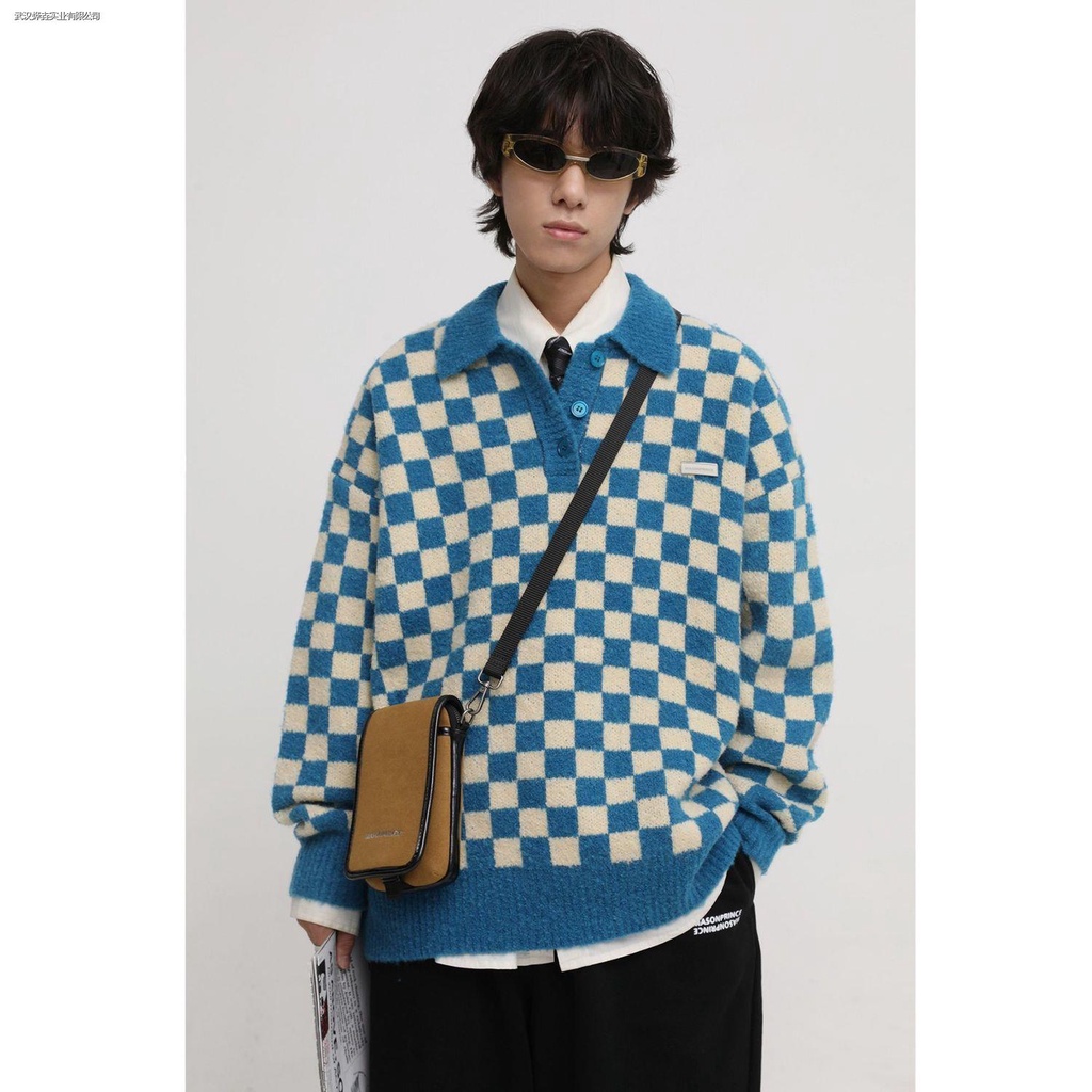 Áo sweater cổ bẻ dáng rộng kẻ sọc phong cách Nhật Bản retro thời trang mùa thu cho nam