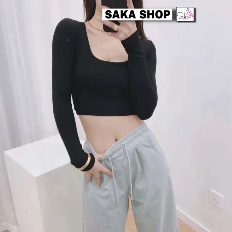 Áo croptop nữ tay dài croptop cổ chữ u tôn dáng trơn màu