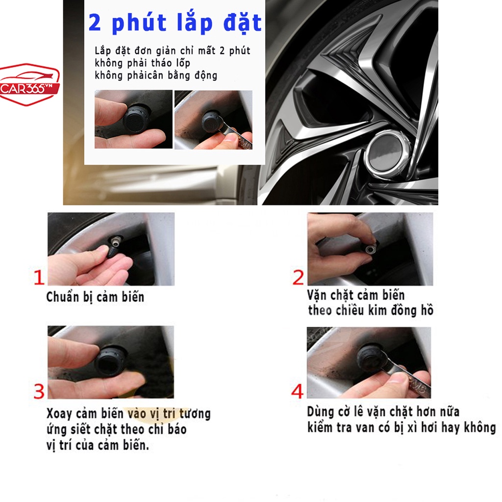 Cảm biến áp suất lốp ô tô xe hơi gắn ngoài cao cấp Car365, Pin sạc năng lượng mặt trời, màn hình LCD, tuổi thọ pin 5 năm