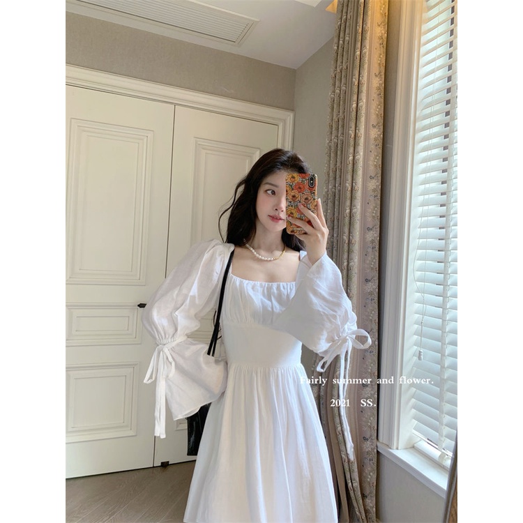 Đầm Trắng Tay Dài Thời Trang Mùa Thu Hàn Quốc Mới Trẻ Trung Đáng Yêu Cho Nữ
