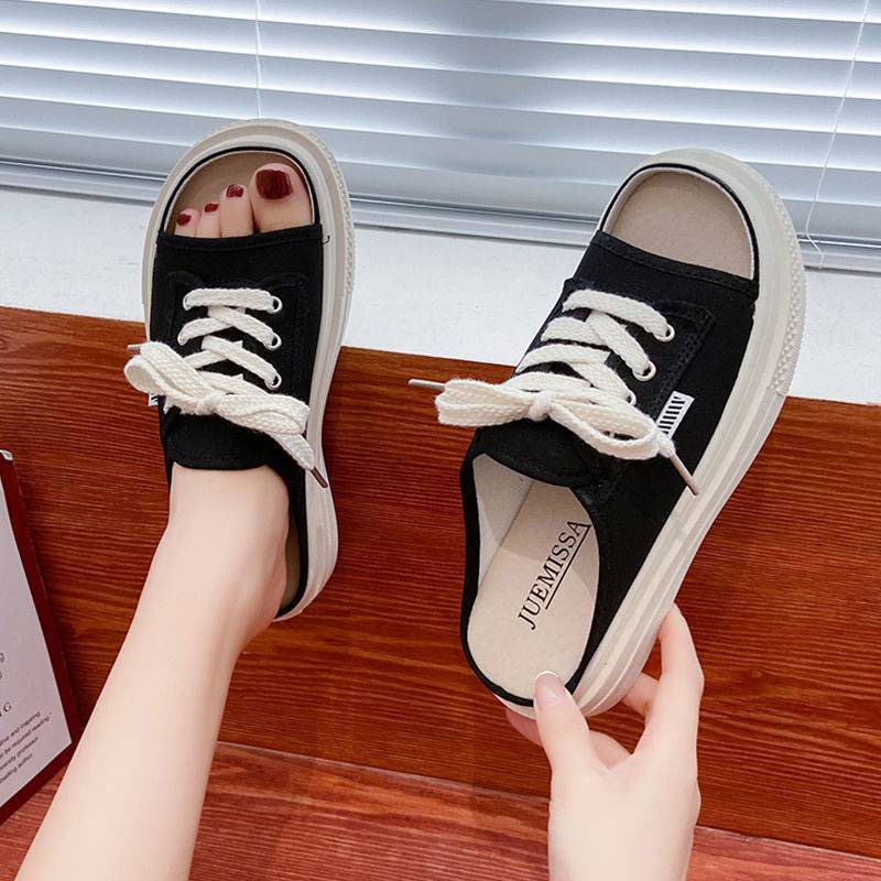 Sục thể thao nữ, sục nữ dây buộc hở mũi đế bánh mì hai màu đen, kẻ caro size 35-39