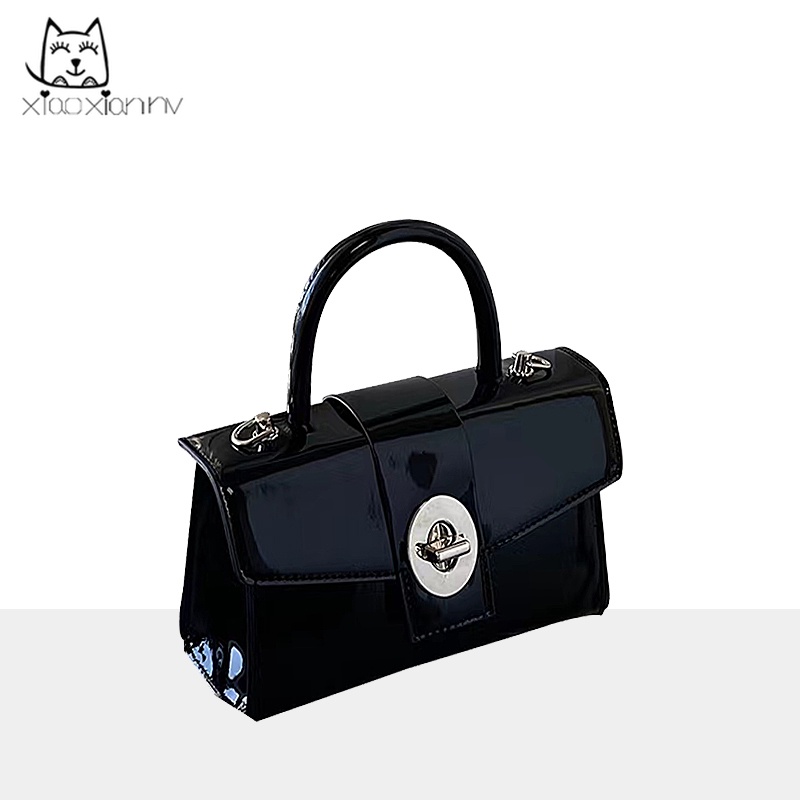 Túi Đeo Vai Hình Vuông Cỡ Nhỏ Bằng Da Bóng Màu Đen Thời Trang Cho Nữ Dễ Phối Đồ