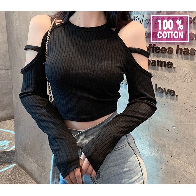Áo croptop nữ trễ vai tay dài ôm body gợi cảm, crt kiểu hàn quốc màu đen trắng dưới 55 kg