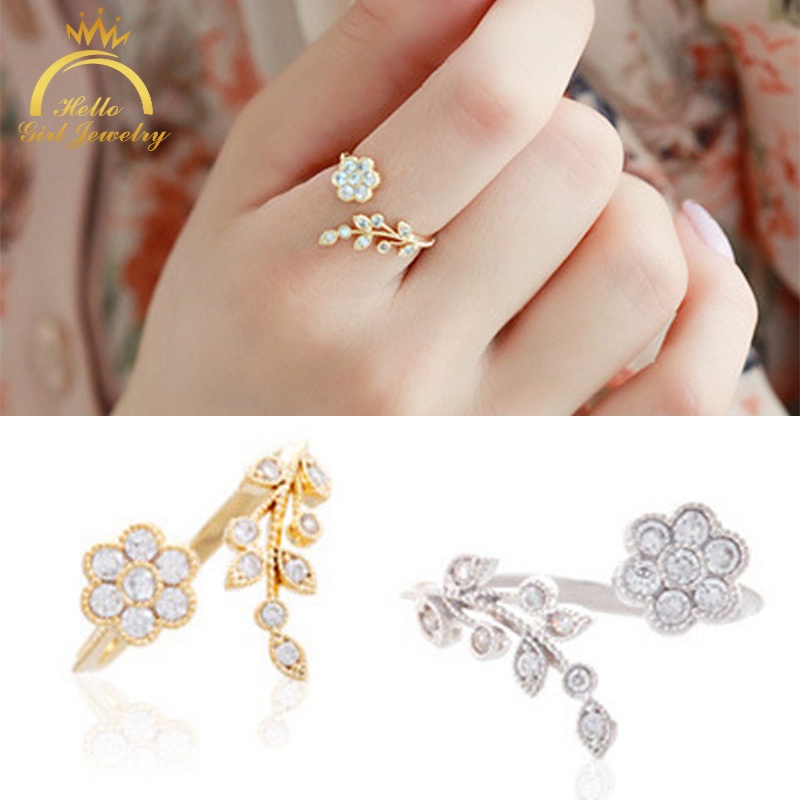 Nhẫn Hở Họa Tiết Hoa Lá Đính Kim Cương Nhân Tạo Thời Trang