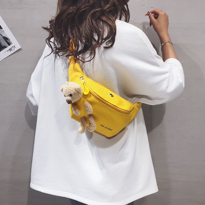 2022 New Little Bear canvas bag women's trendy cute student chest bag ins style all-match shoulder crossbody waist bag