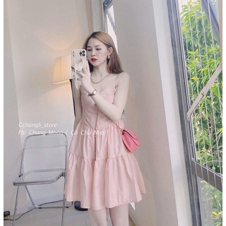 Váy 2 dây màu hồng pastel phối cùng áo len cadigan mỏng hàng quảng châu(ảnh thật shop chụp)