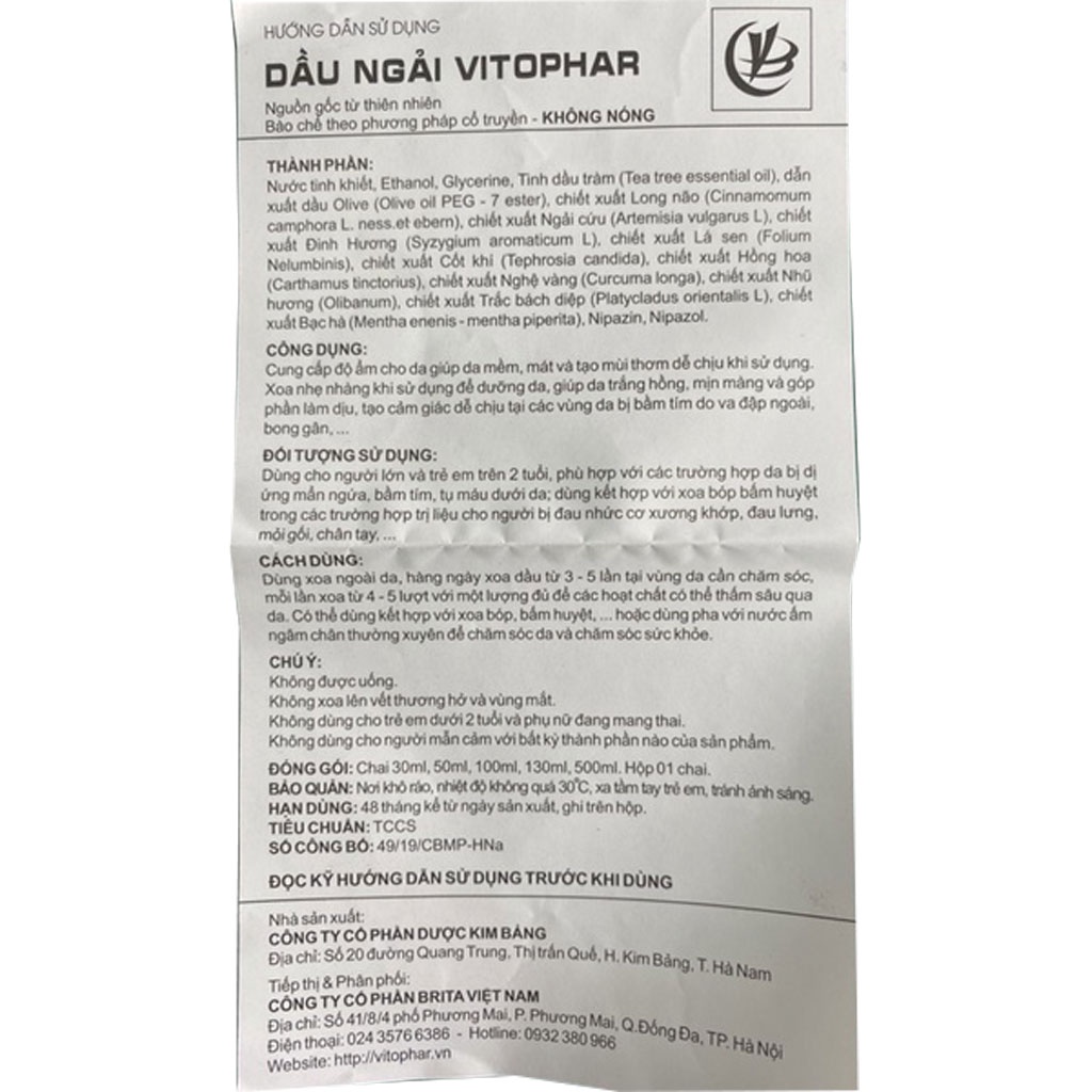 50ml Tinh Dầu Ngải Cứu Vitophar - Dùng trị liệu Massage giảm đau nhức xương khớp, thoái hóa