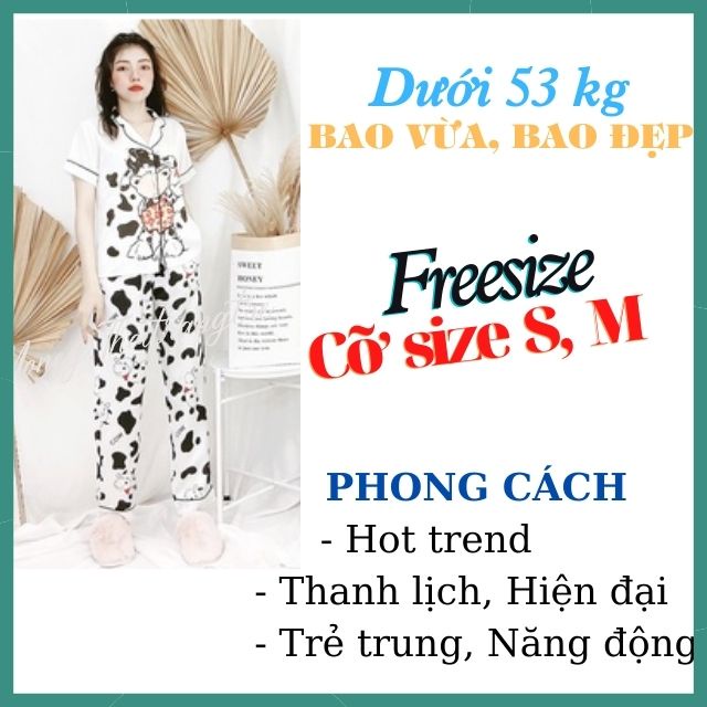 Đồ Bộ Ngủ Mặc Nhà Pijama Nữ Lụa Satin Cao Cấp Không Nhăn Họa Tiết Bò Sữa Tay Ngắn Quần Dài Vải Mềm Thấm Hút Mồ Hôi S M