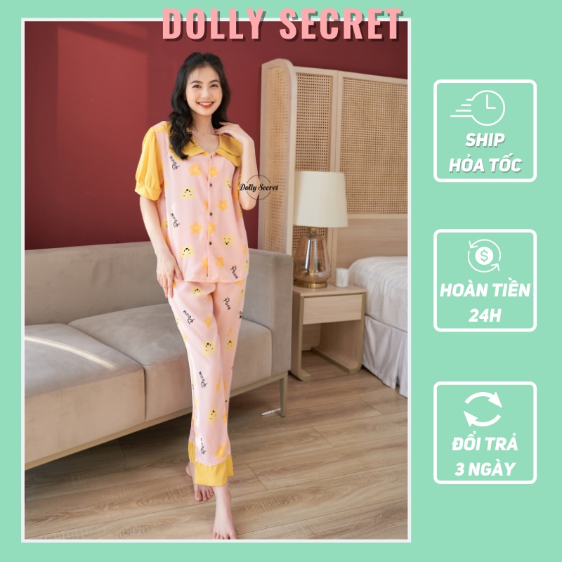 Bộ mặc nhà cộc tay bồng quần dài Pijama cổ tròn 2 lá dễ thương DOLLY SECRET CD02