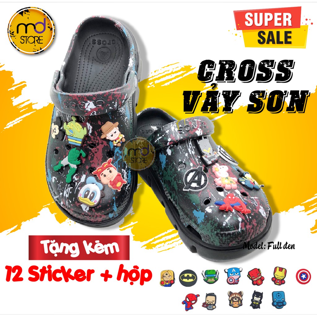 Dép Cross đen vảy sơn đế lượn sóng đi biển, hottrend mùa hè  - Tặng kèm 12 Sticker, Jibitz +Hộp