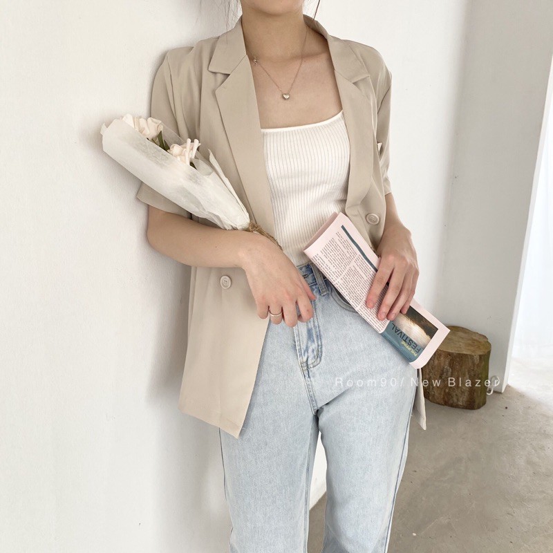 Blazer ngắn tay Hàn Quốc chất mỏng nhẹ mặc mùa hè - 3 mầu XANH/ ĐEN/ KEM 2160 | BigBuy360 - bigbuy360.vn