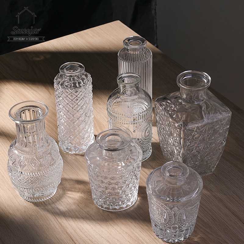 SWEEJAR Lọ hoa thủy tinh dập nổi phong cách châu Âu trang trí nhà cửa