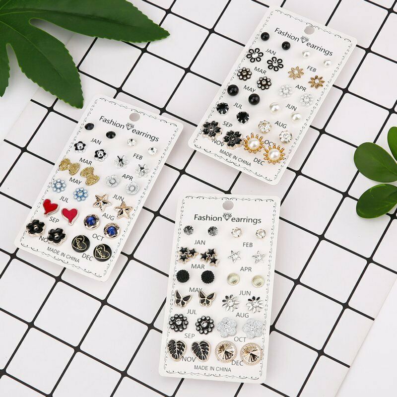 Set 12 Cặp Bông Tai 12 Tháng Hình Hoa Hướng Dương / Bướm Đính Đá Thời Trang