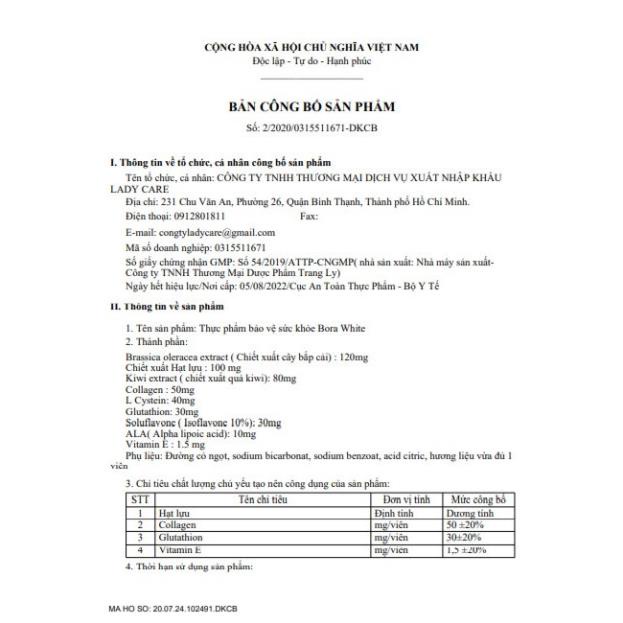 Bora White viên sủi trắng da Hàn Quốc 20 viên