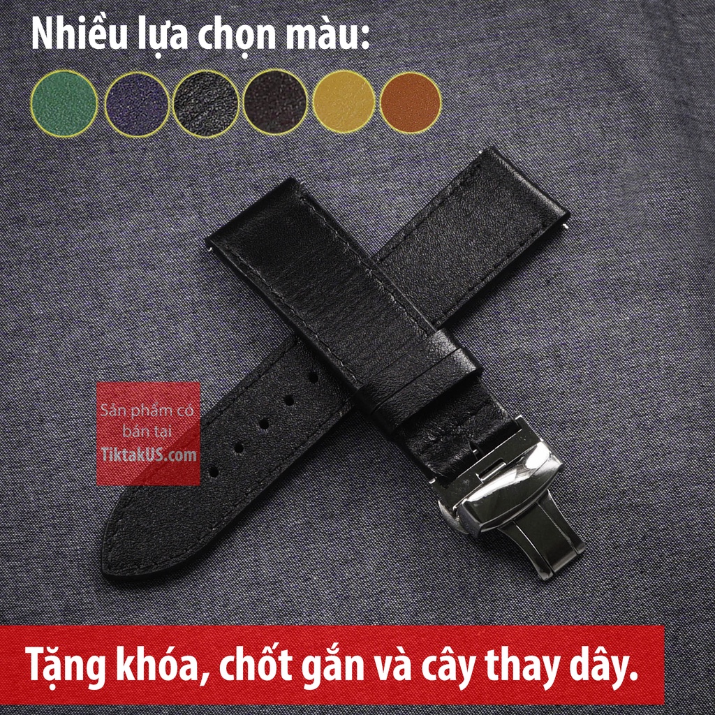 Dây đồng hồ nam nữ da bò thật kèm khóa chống gẫy dây tặng dụng cụ tháo dây