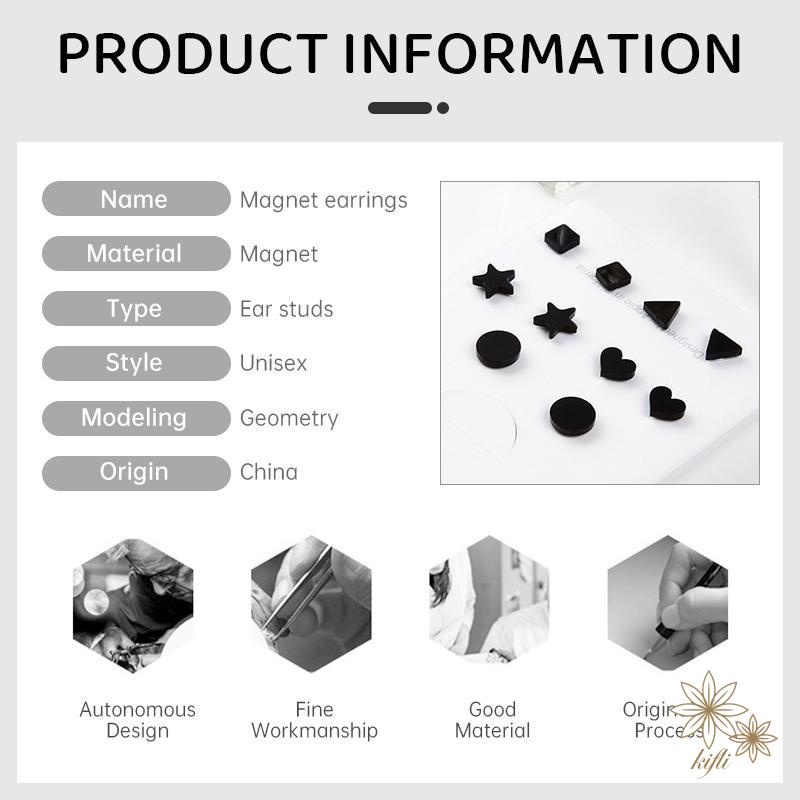 【kifli】Bông tai hình học nam châm màu đen không cần bấm lỗ